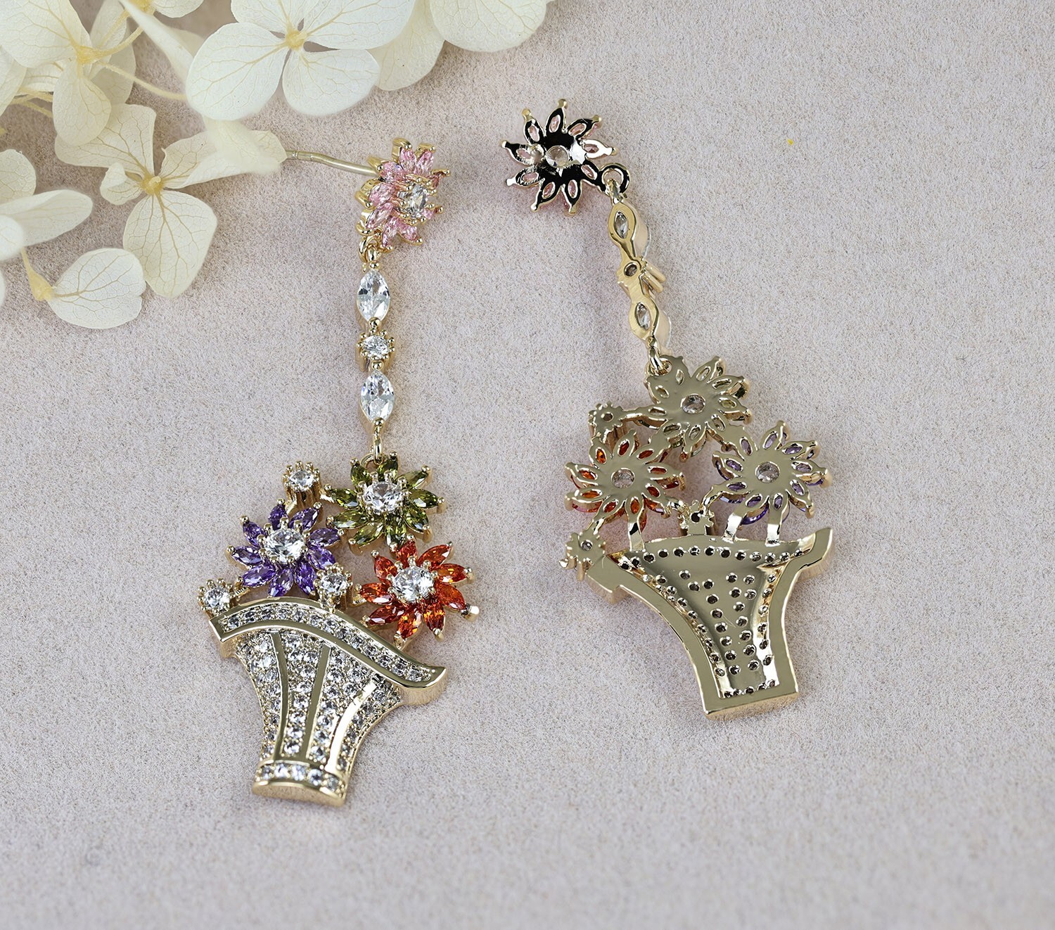 Flower Basket Multi-color CZ Cubic Zirconia Dangle Chandelier Stud Earrings N117