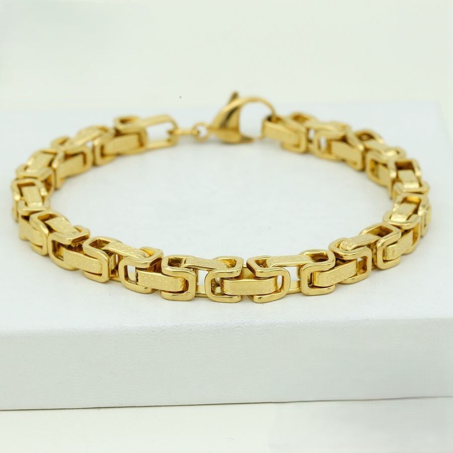 Men’s 8.5″ Stainless Steel 7mm Byzantine Chain Bracelet,Gold plated BOX