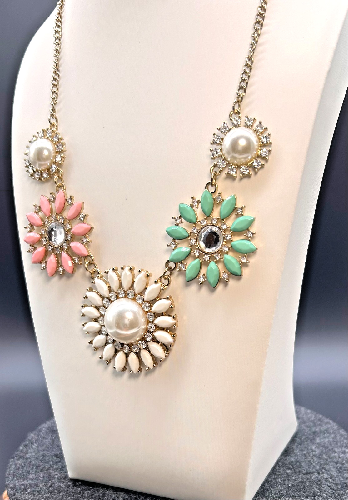 Bold Floral Bib Statement Necklace Pink Mint White Cream Pearl Rhinestones