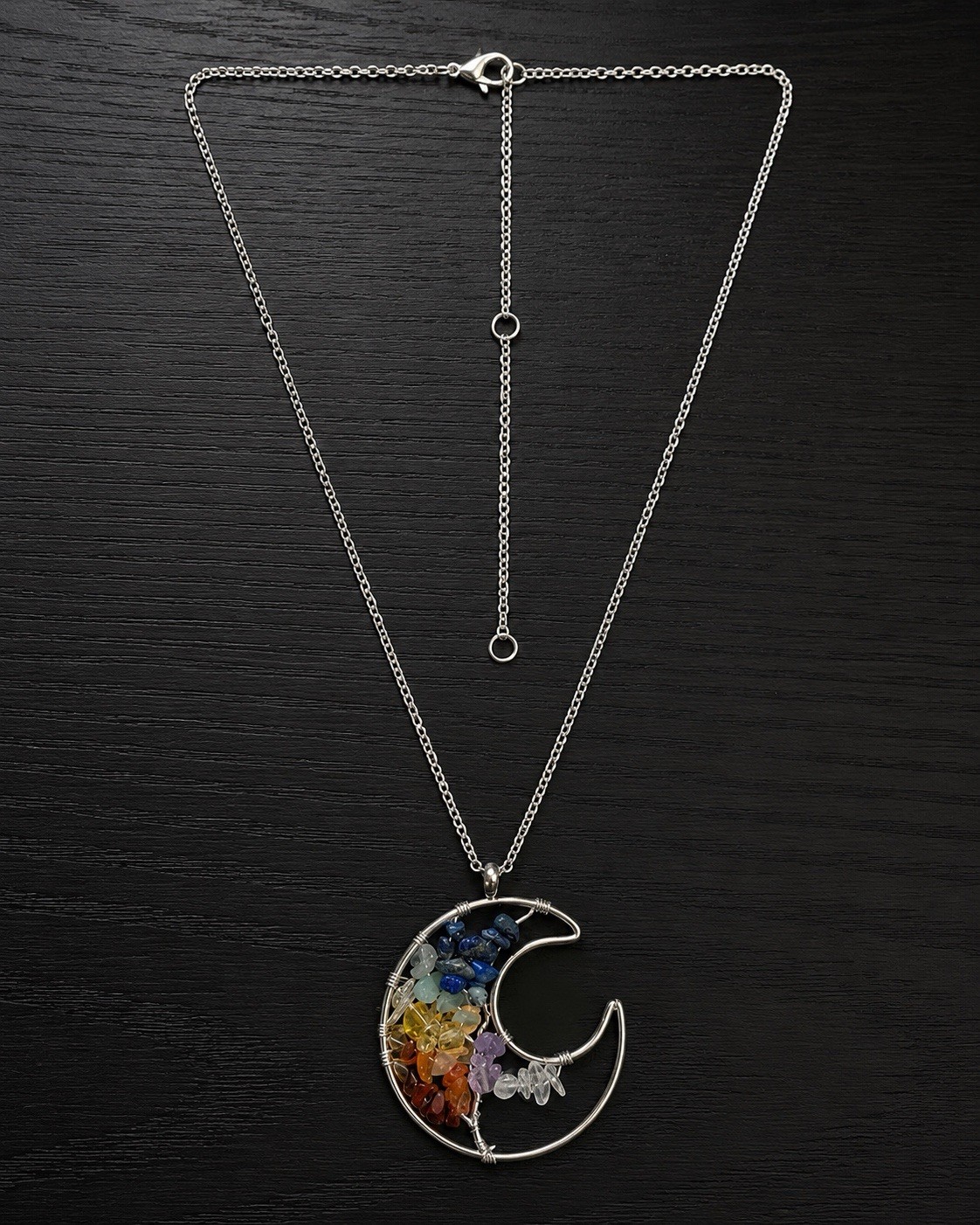 Crystal Chip Crescent Moon Necklace Wire Wrapped Pendant Silver Plated Chain
