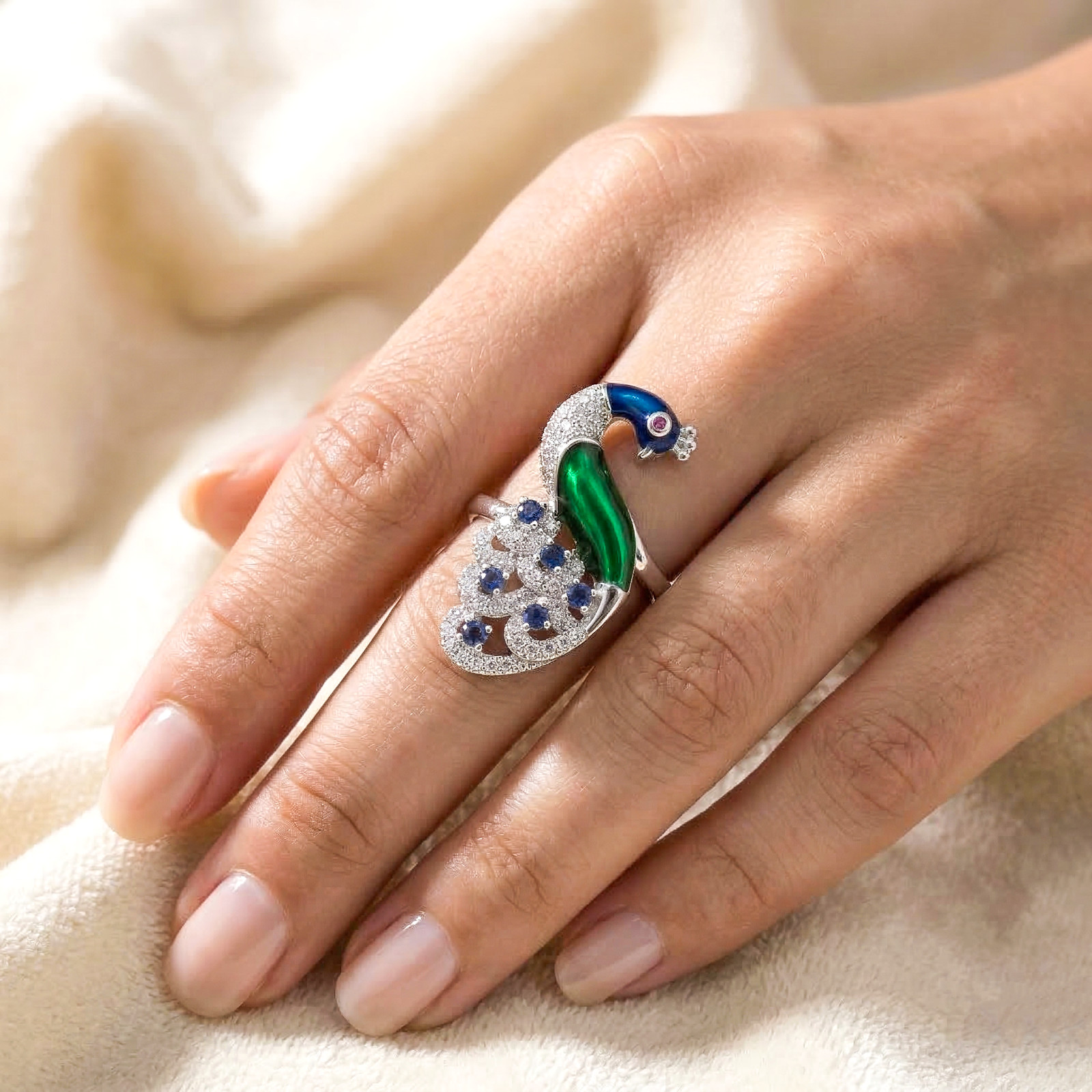 Blue/White Cubic Zirconia Enamel Peacock Ring, Unique Handmade Ring In925 Silver