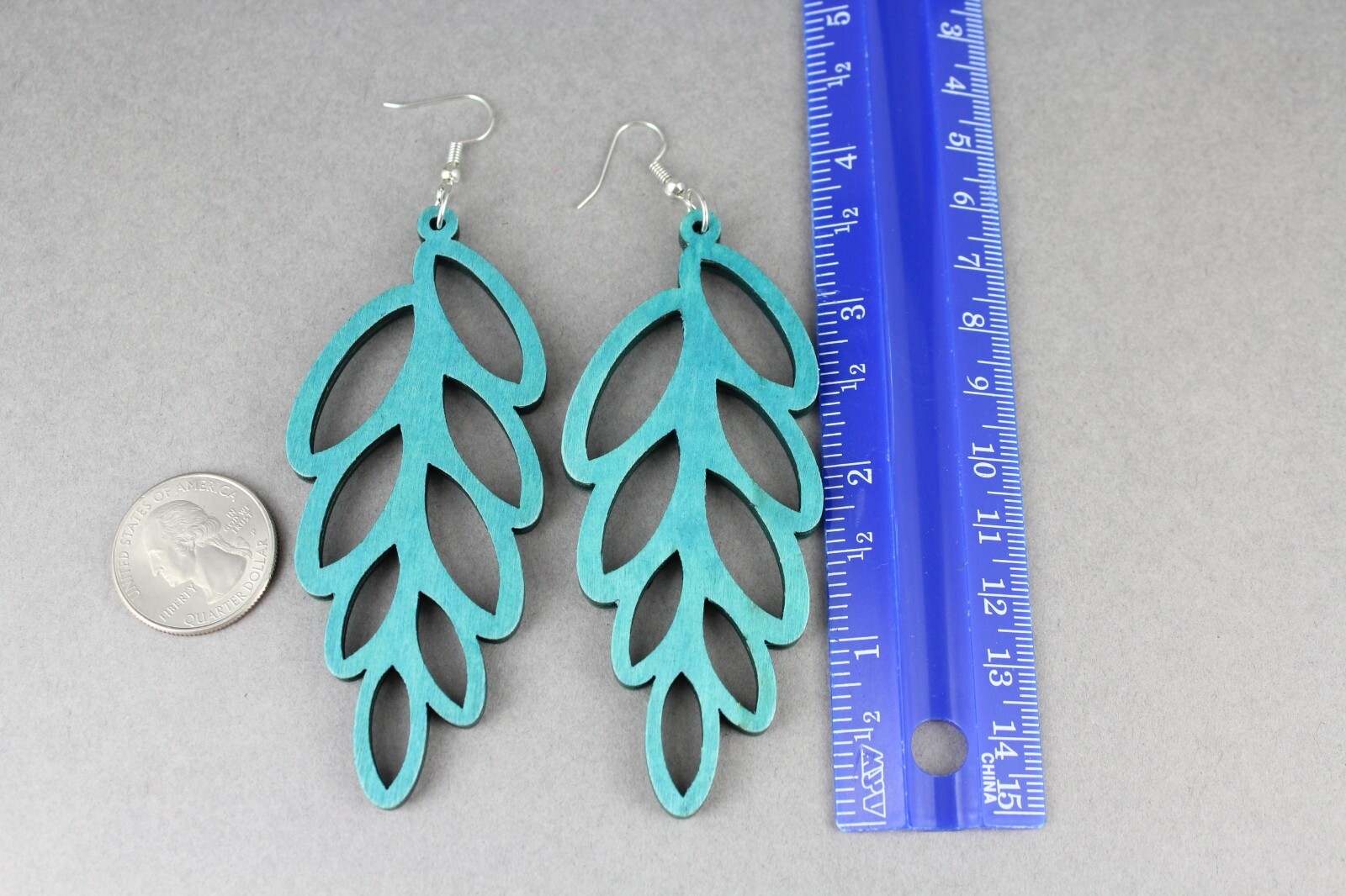 Teal Green wood leaf earrings dangle lightweight wood 4 3/8″ long feather vine