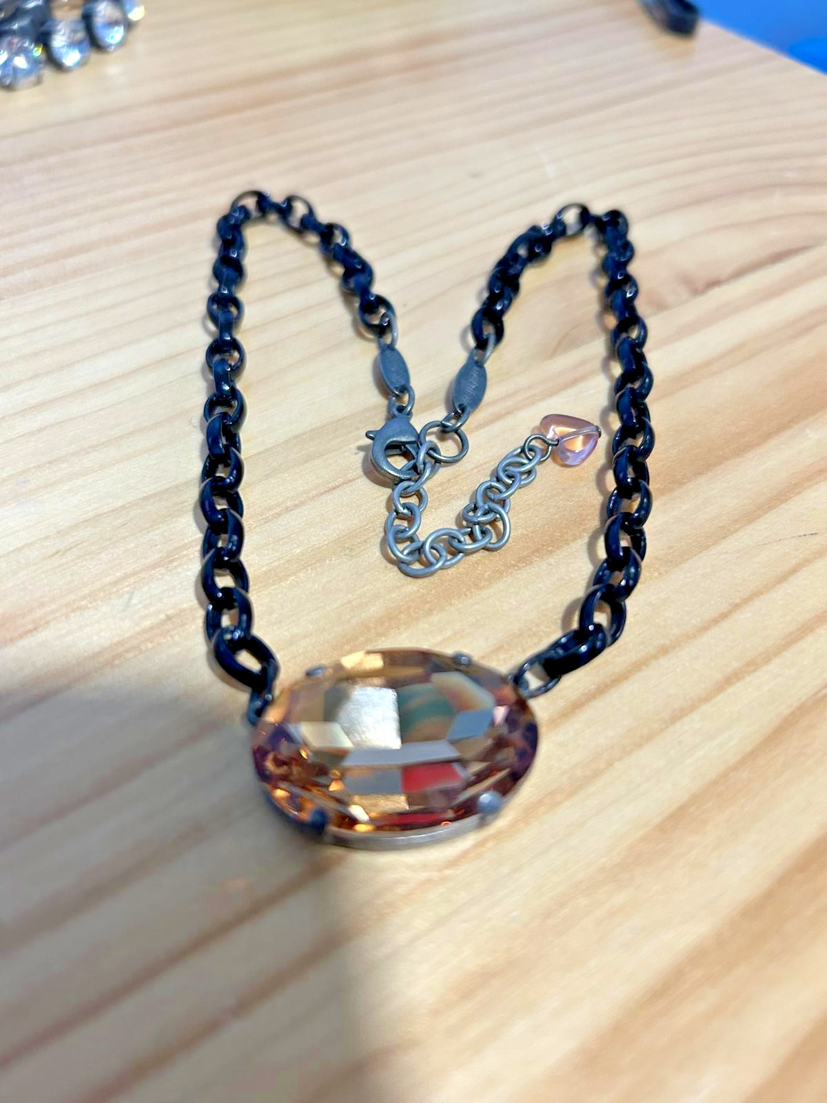 Authentic Sabika Topaz Amber Oval Crystal Pendant Statement Black Chain Necklace