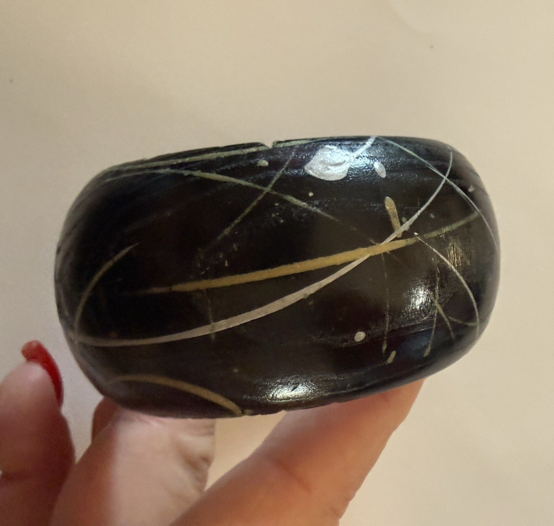Artisan Wooden Bangle Bracelet with Abstract Inlaid Design