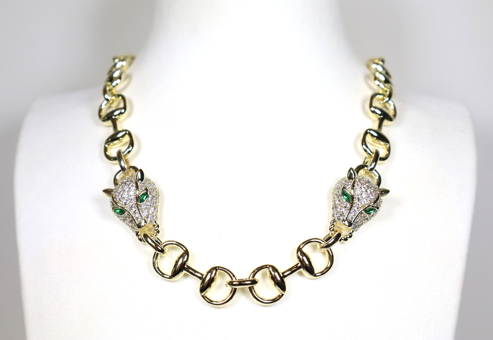 Statement Gold Panther Necklace Large Bling Cubic Zirconia Green White Gemstones