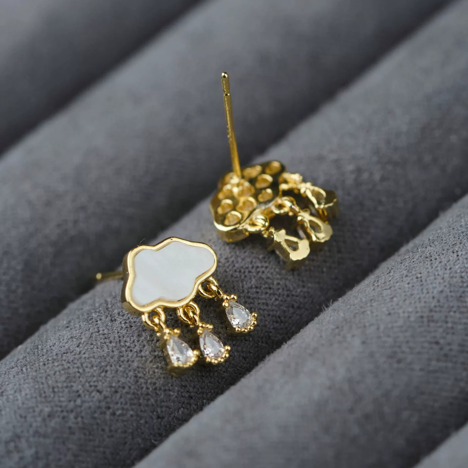 Pretty White Cloud Triple Raindrop CZ Hanging Gold Plated Stud Earrings