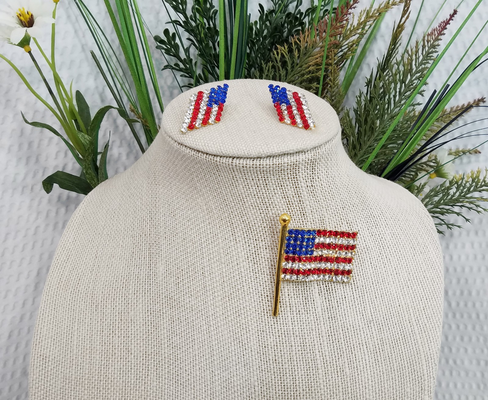 New! Red White & Blue Crystal Gold Tone American Flag Brooch and Stud Earrings