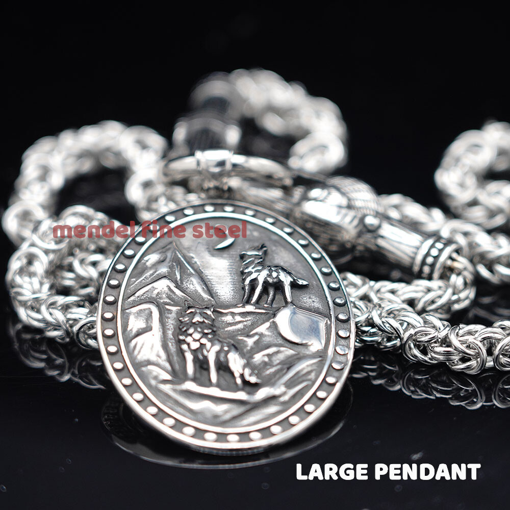 MENDEL Stainless Steel 30 Inch Viking Odin Raven Wolf Pendant Necklace Men Chain