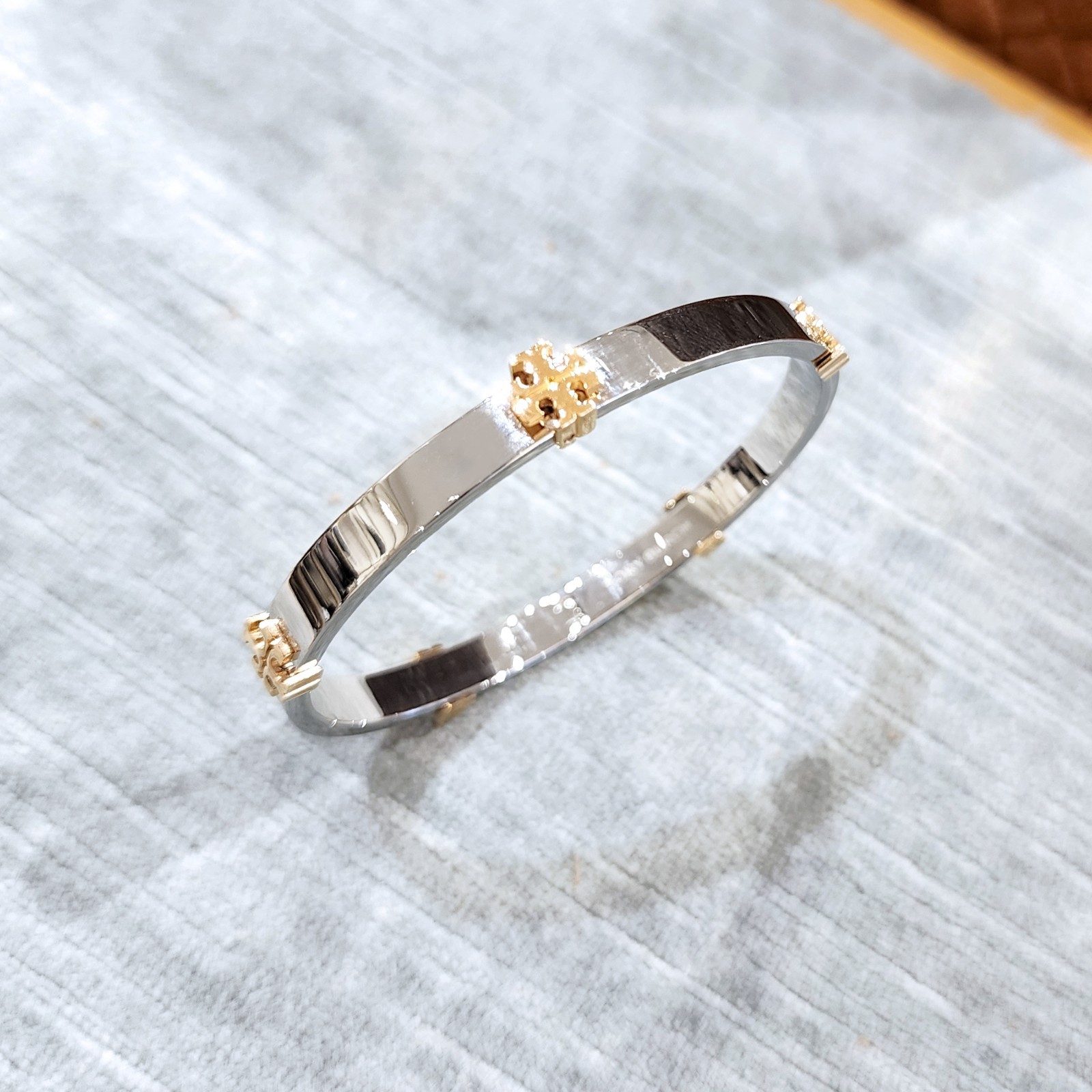Authentic Tory Burch 18K Gold Plated Logo Two Tone Hinge Bangle Cuff Bracelet