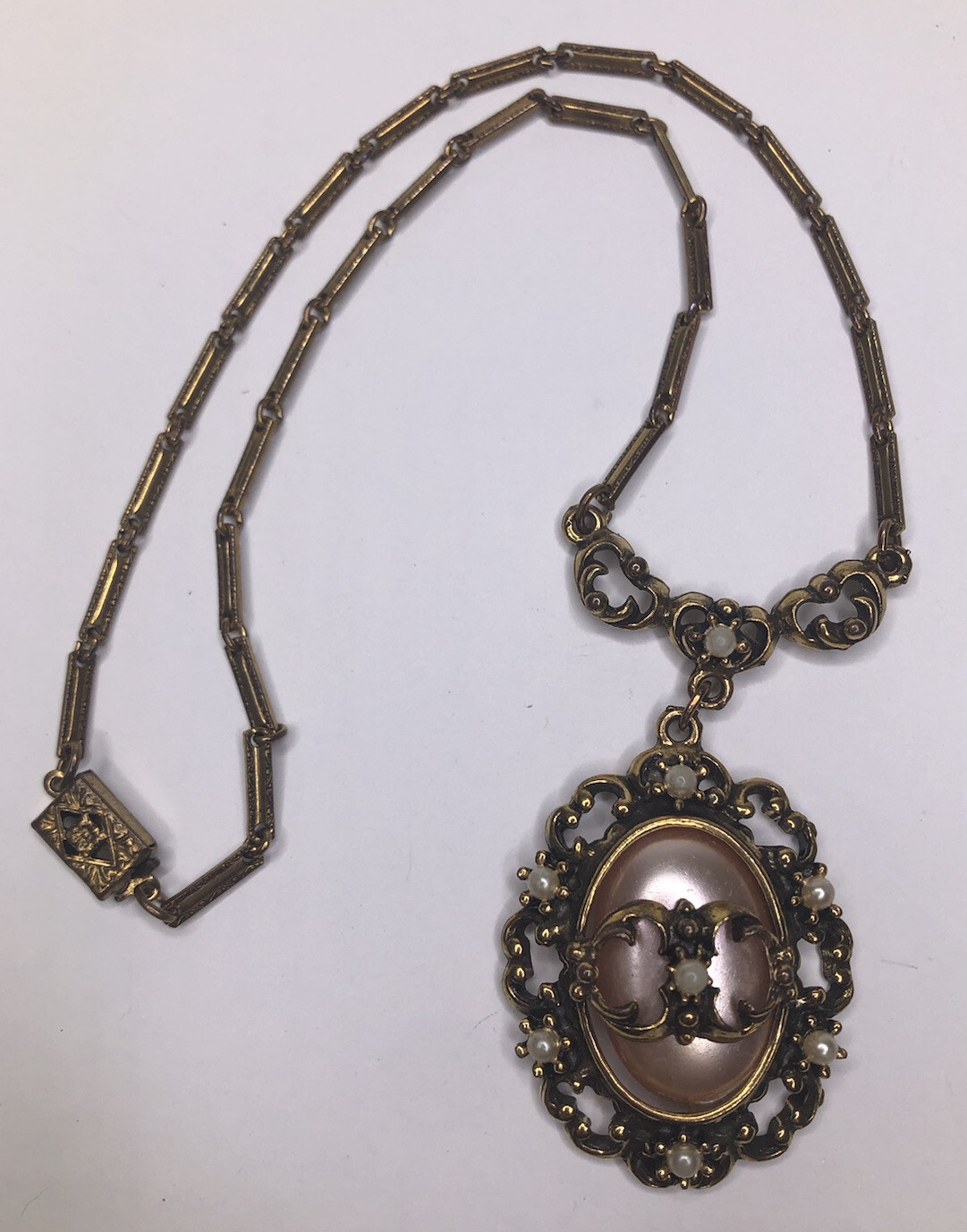 Floral Cameo Necklace Faux Pearls Metal Blush Stone Box Clasp 19 inches Long