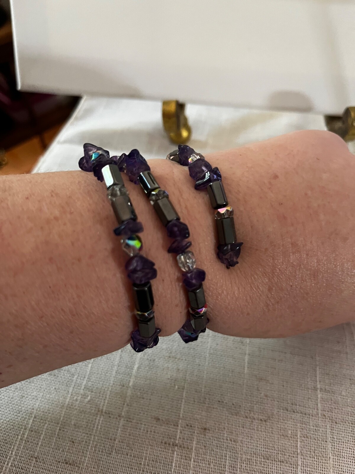 Hematite Scalloped Rectangle Round & Dark Purple Barrel Stretch Bracelet…