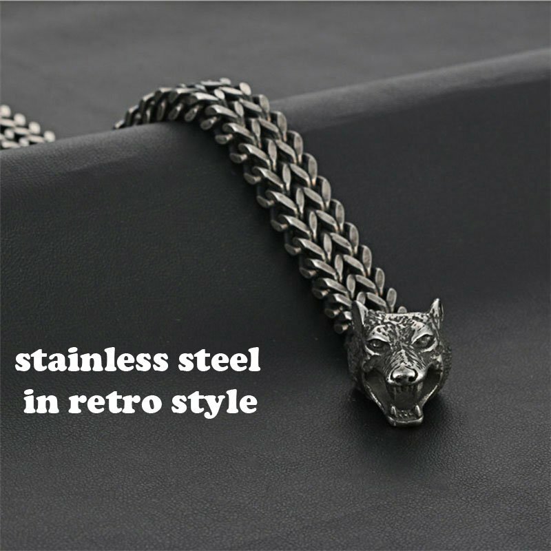 MENDEL 8 Inch Mens Black Stainless Steel Viking Fenrir Wolf Head Bracelet Men