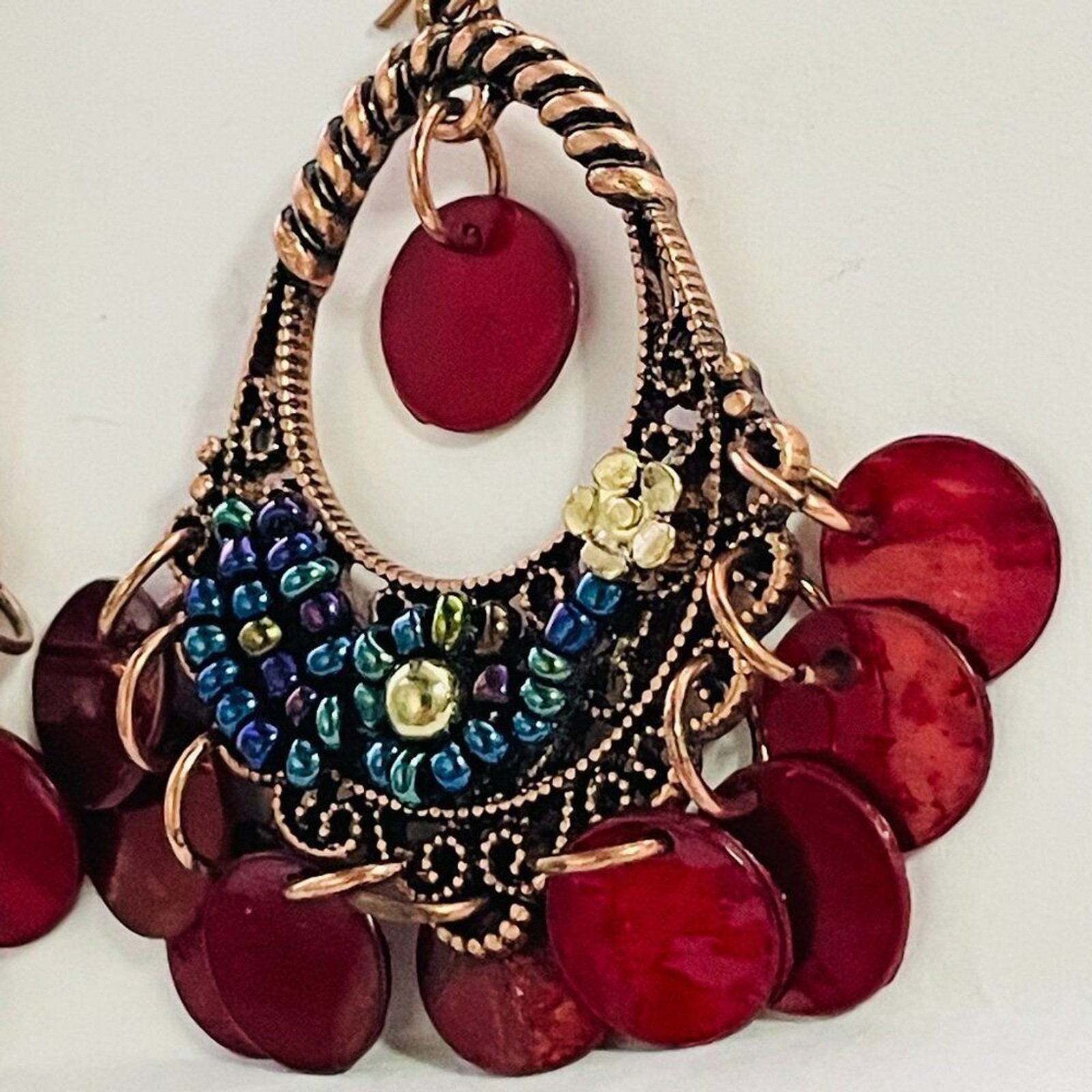 Boho Chandelier Dangle Earrings Red Shell Bead Gold Tone Festival Style