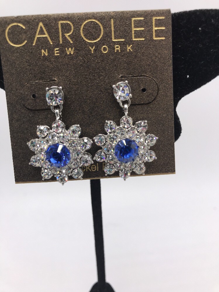 $40 Carolee Blue & Clear Crystal Flower Drop Earrings C1A