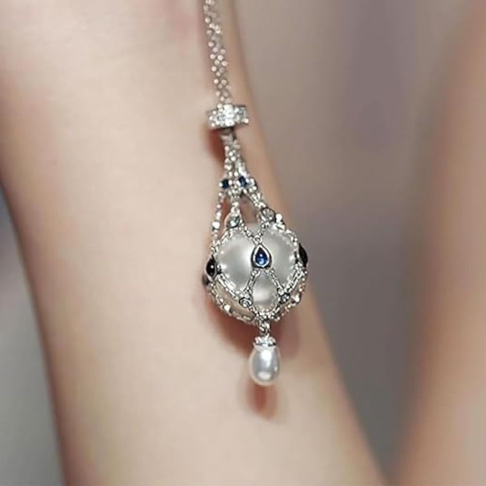 Women’s Faux Pearl Pendant Necklace Crystal Teardrop Mesh Cage Pendant Chain Nec