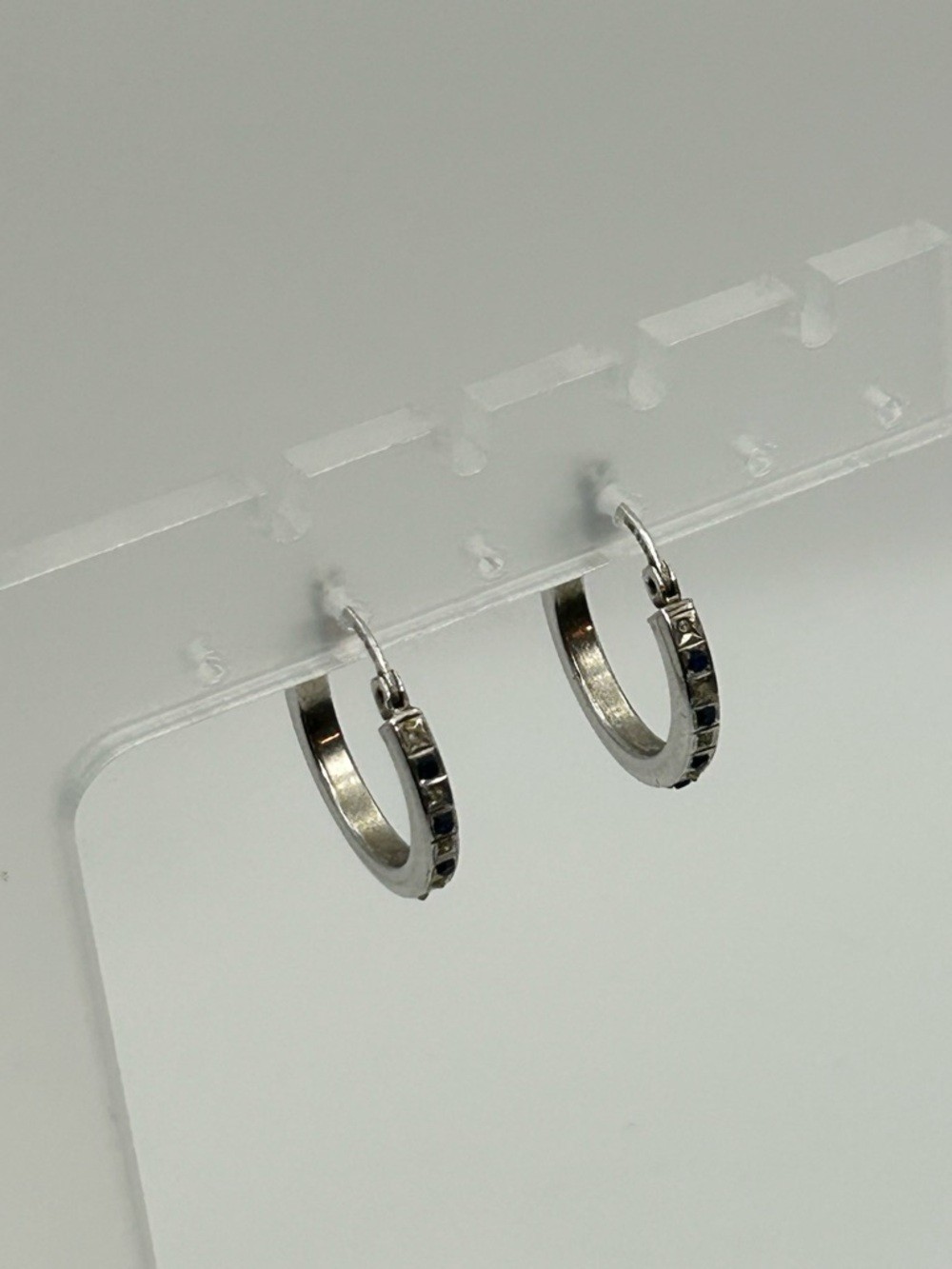 Sterling Silver Crystal Hoop Earrings Blue & Clear Crystals 1″ Stamped 925 SLC