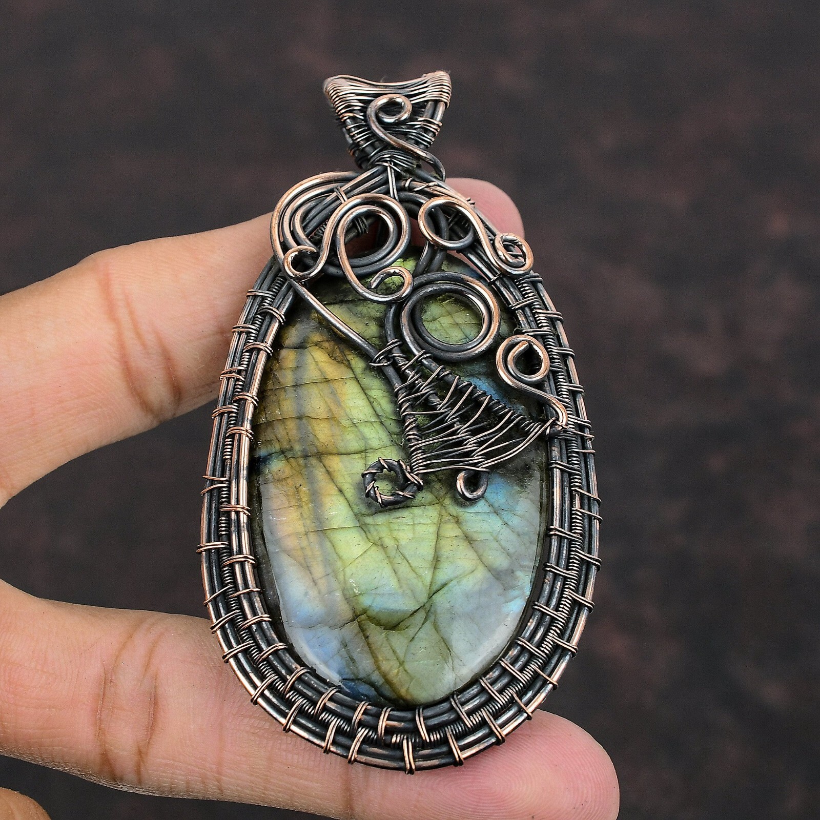 Labradorite Gemstone Wire Wrapped Pendant Copper Jewelry For Girls 3.54″