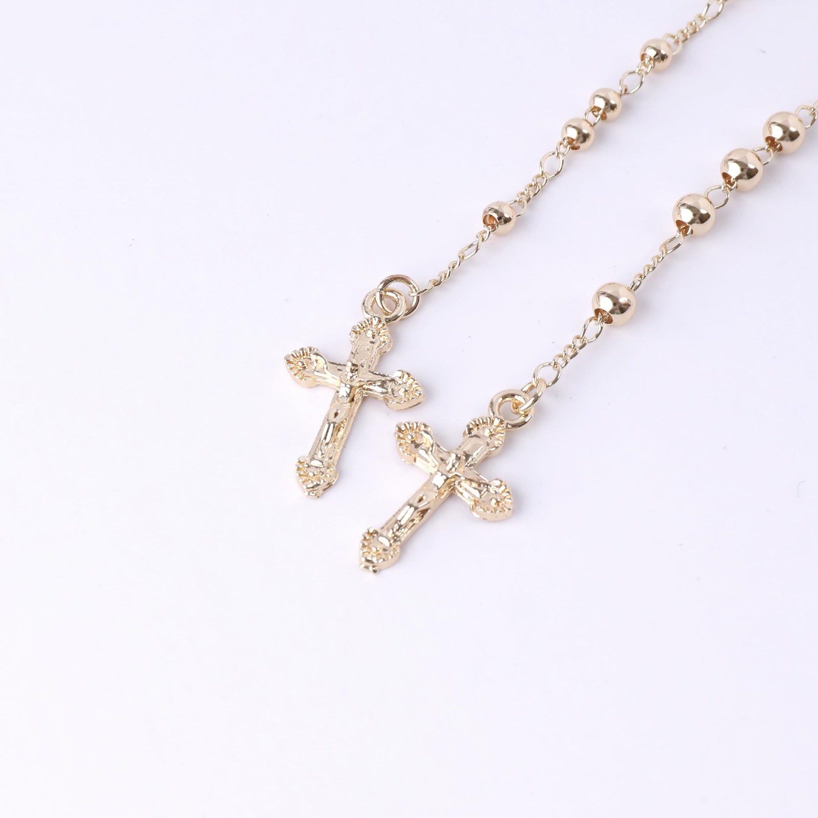 18K Gold Plated Rosary Necklace with 3mm Catholic Prayer Beads Pendant