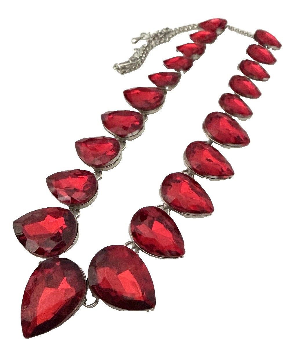Unsigned Silver Tone Chunky Red Crystal Teardrop Fashion Statement Necklace