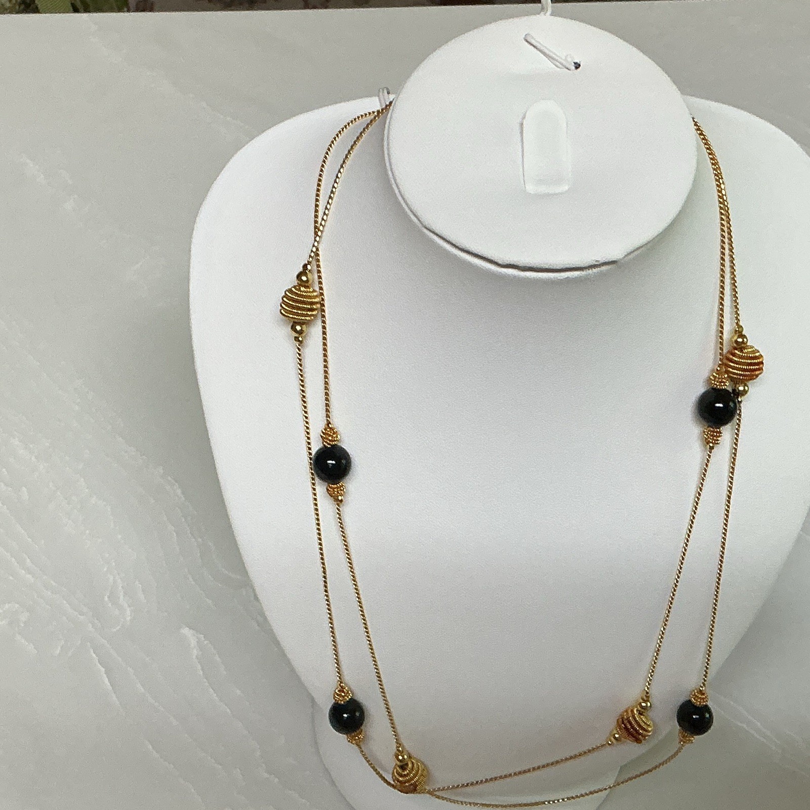 Gold Tone Double Strand Rope Chain Necklace Black Beads Lobster Clasp 42”