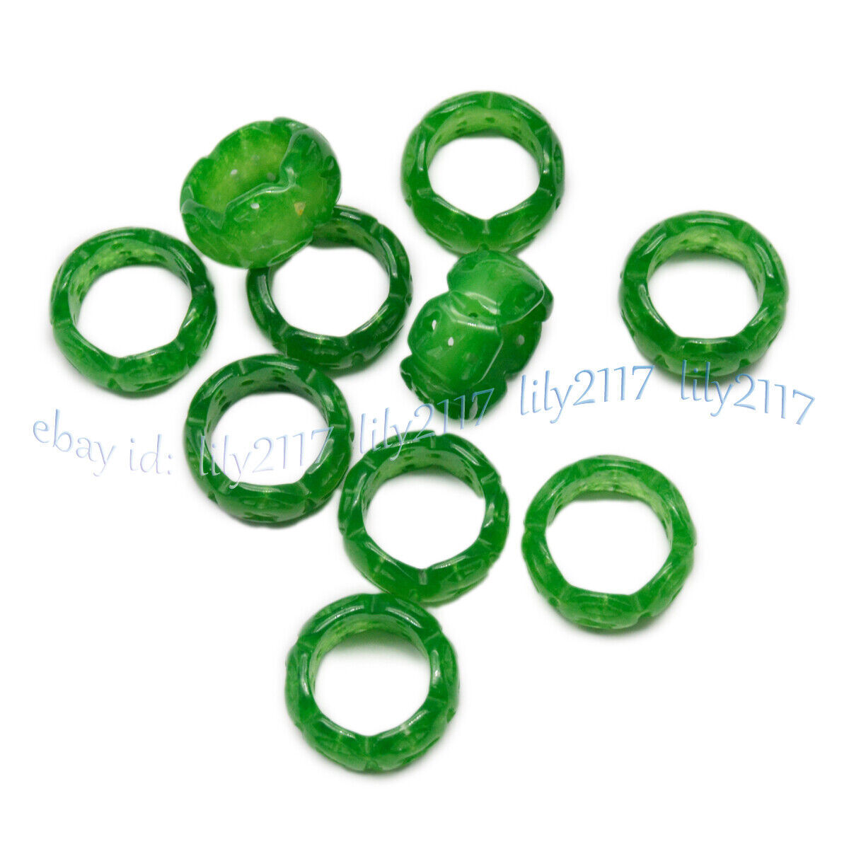 Chinese Natural A Green Jade Jadeite Carved Hollow Out Finger Rings Lucky Amulet