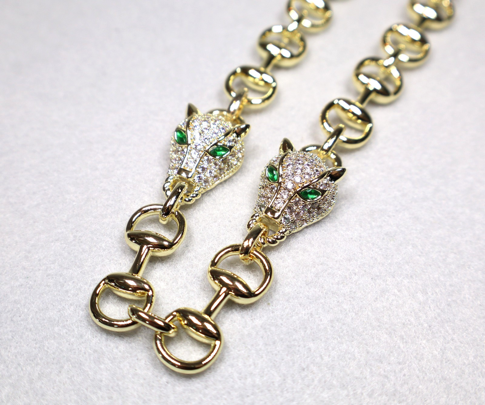 Statement Gold Panther Necklace Large Bling Cubic Zirconia Green White Gemstones