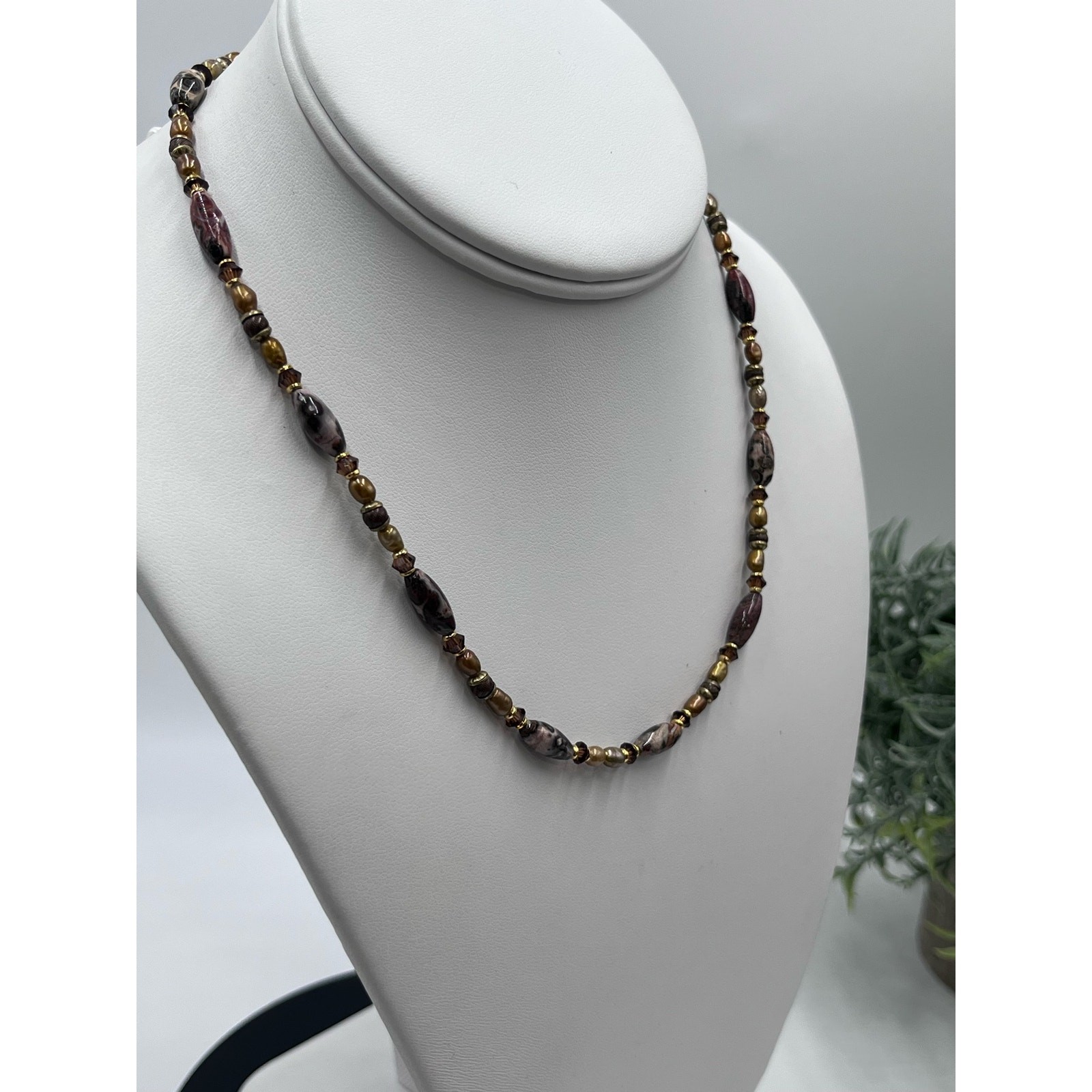 Michal Golan Agate Brown Gray Neutral Single Strand Pearl Crystal Brass necklace