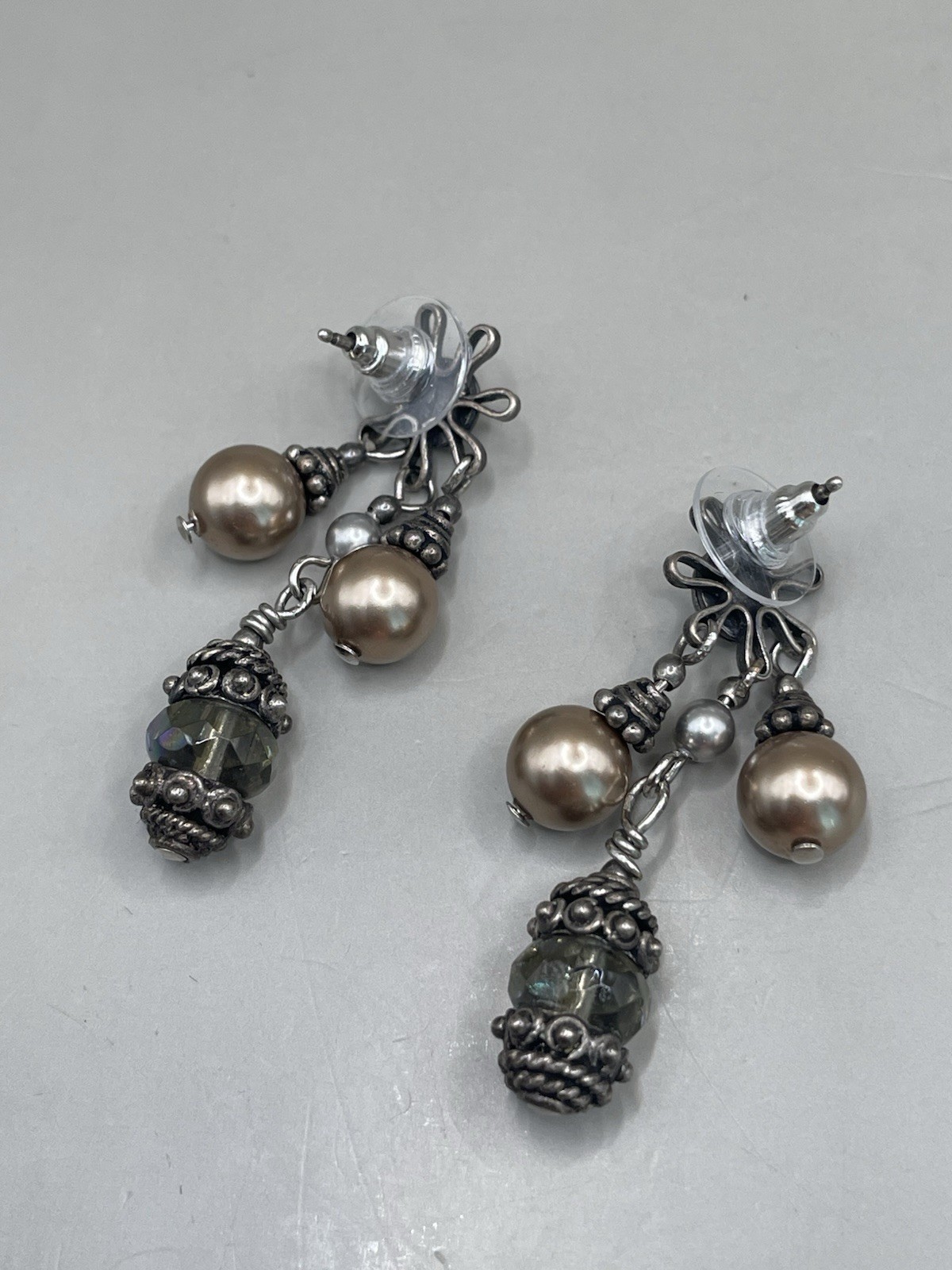 Sterling silver 925 Post READ Glass Pearl Beads Dangle 1.8” Earrings