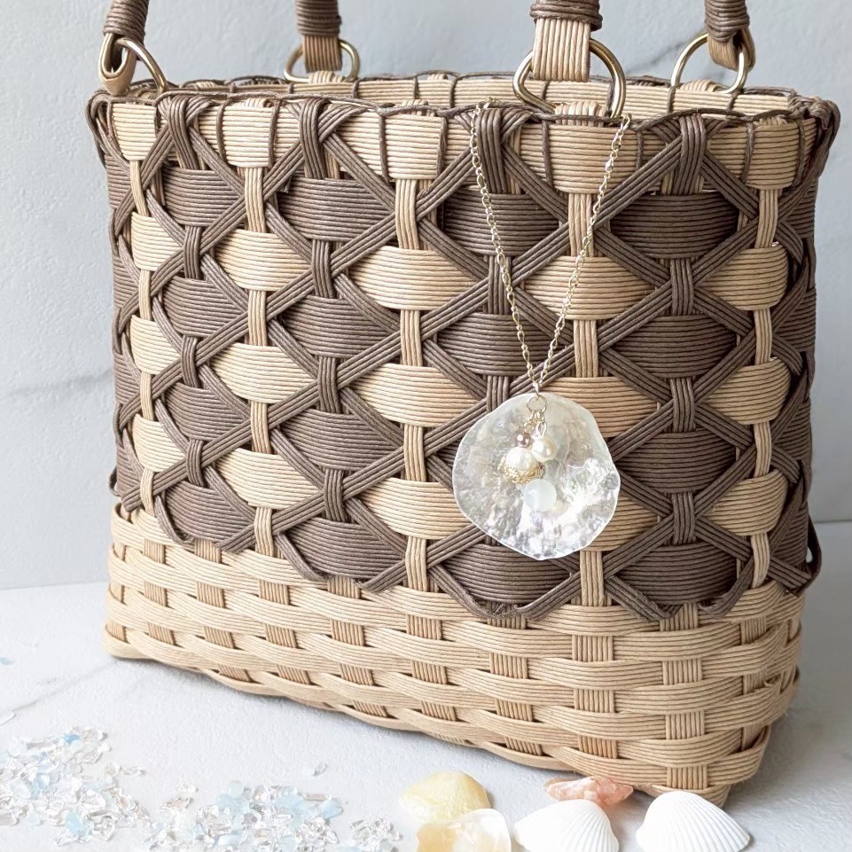 Japanese Shell Bag Charm with Faux Pearls Coastal Handbag Accessory