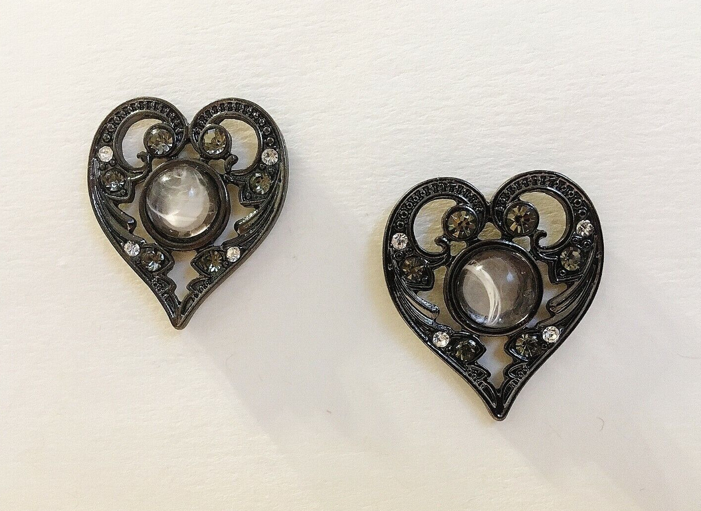 Heart Stone Earrings Marcasite Gun Metal Grey Clear Rhinestones Pierced Post