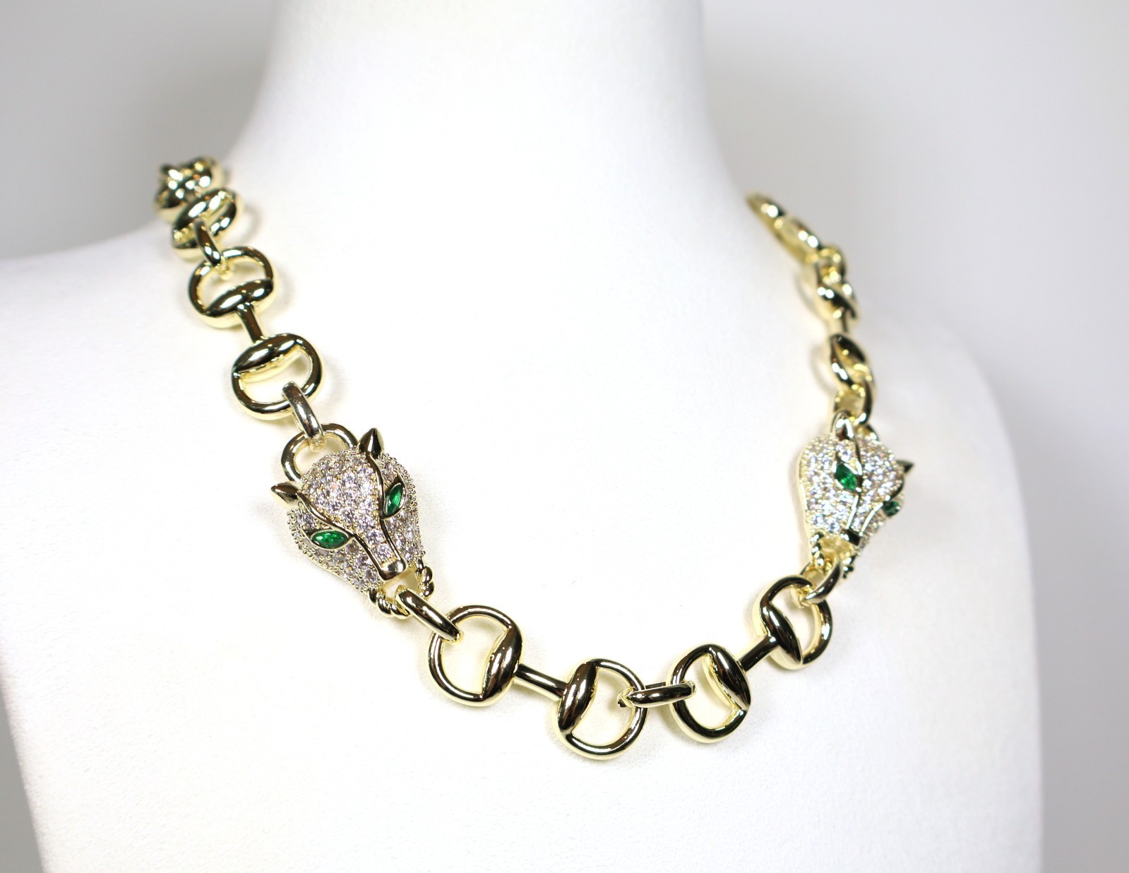 Statement Gold Panther Necklace Large Bling Cubic Zirconia Green White Gemstones