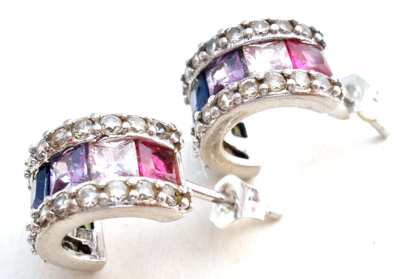 Multi Color Cubic Zirconia Hoop Earrings Sterling Silver Half Hoops Post 925 BSI