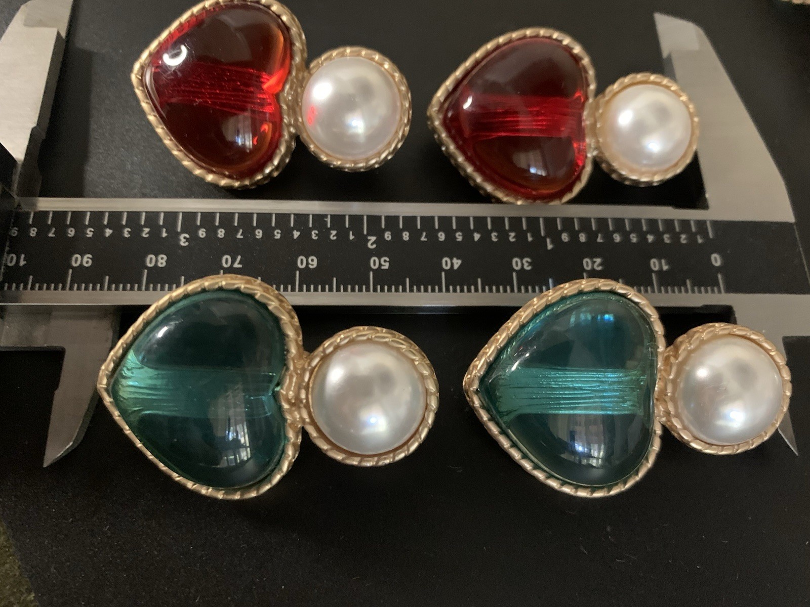 French Gripoix Style Heart Clip On Earrings Pearl Red glass heart Gold Tone