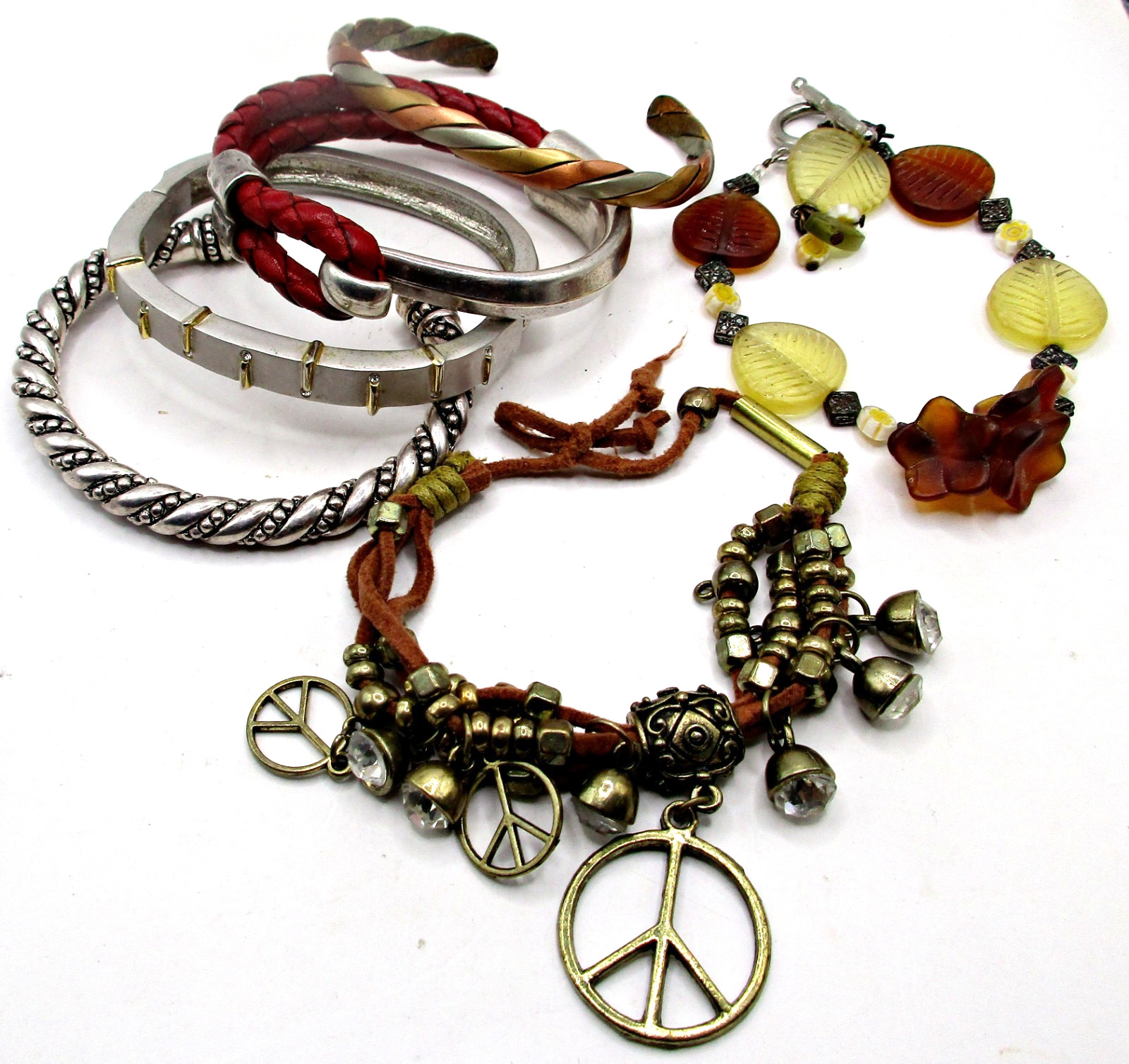 Vintage 11pc Lot Silver, Copper, Glass Bracelets, Charms & Glass Cord Necklaces