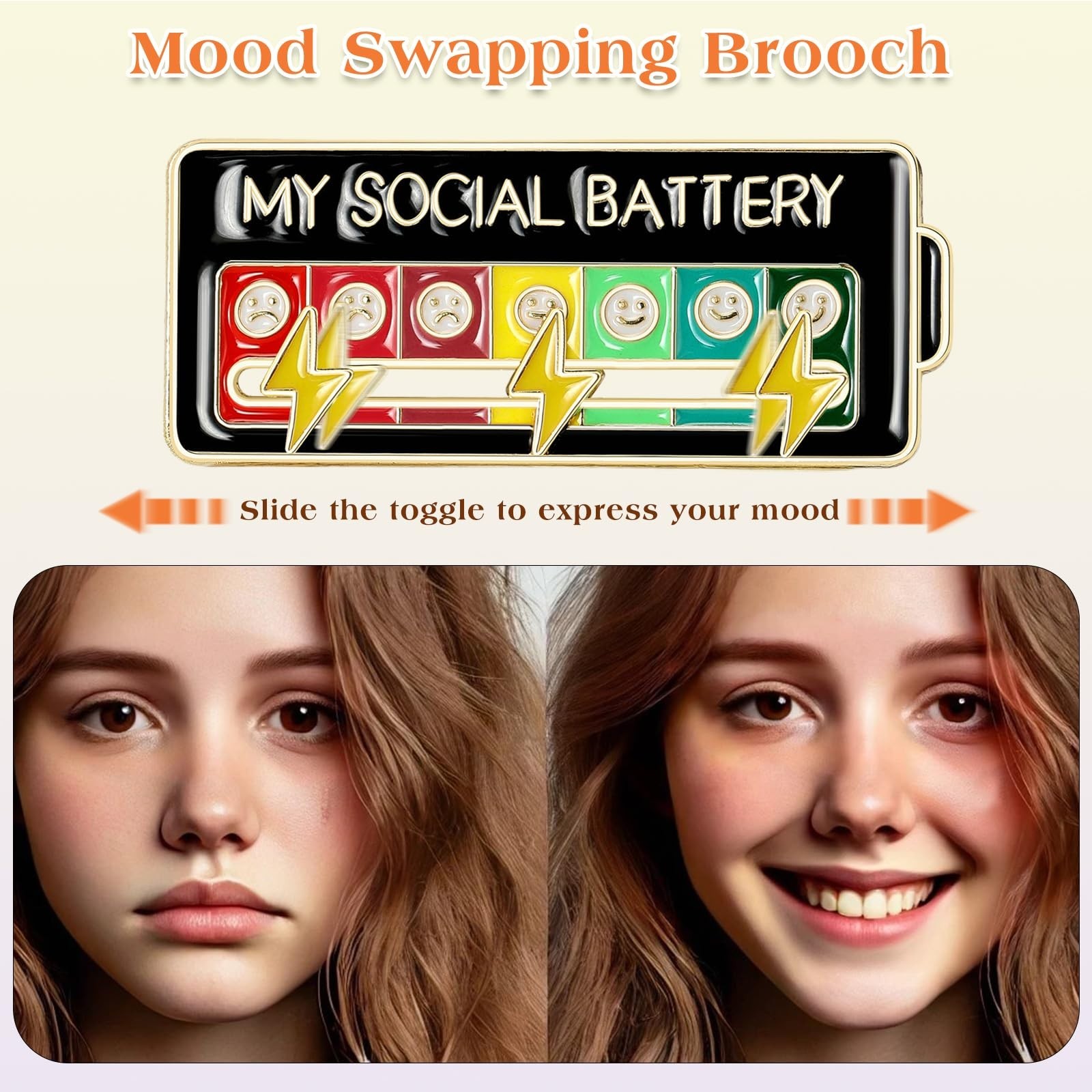 Black/White Social Battery Slider Pin, 7‑Day Funny Mood Brooch for Bags & Hats