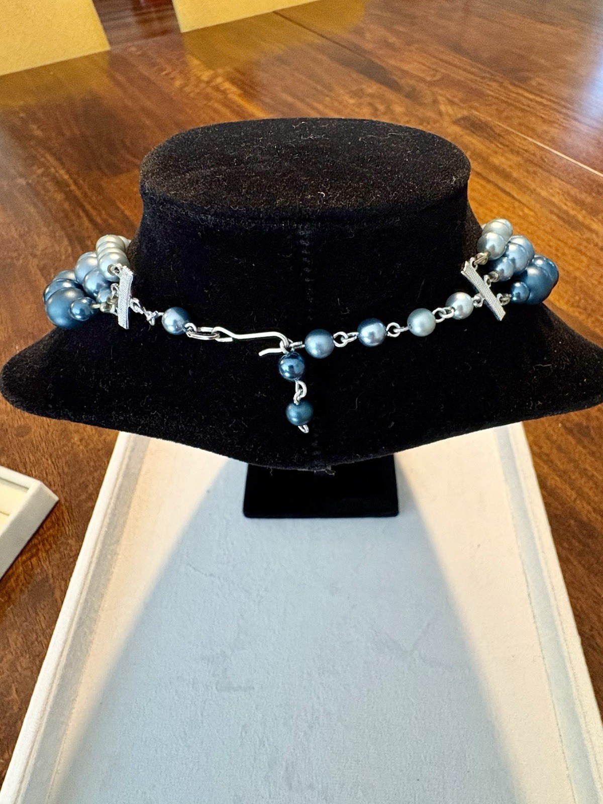 Triple Strand Blue Round Beaded collar necklace