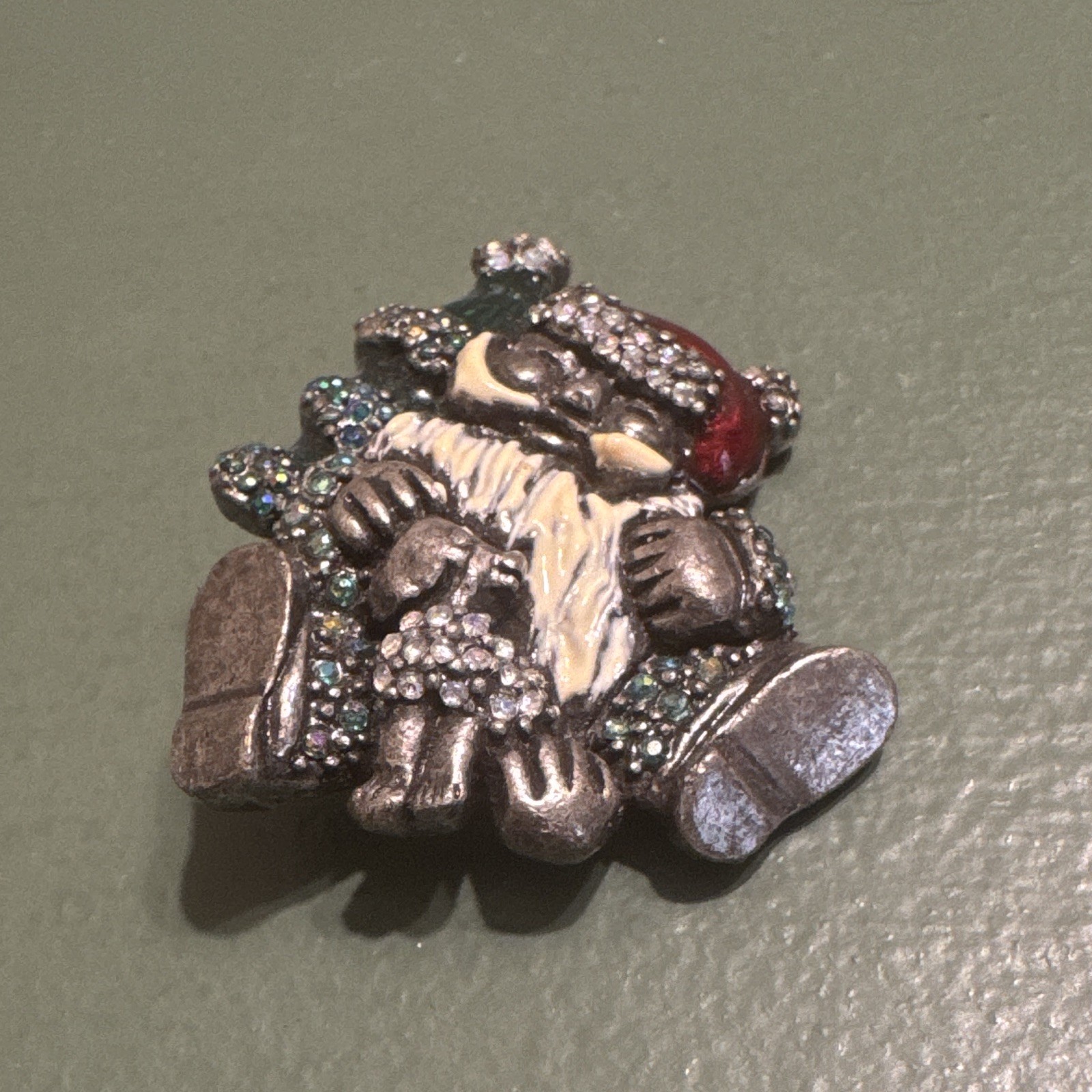 Santa Claus with Dog Christmas Tree Pin Brooch Rhinestones Xmas Holiday Jewelry