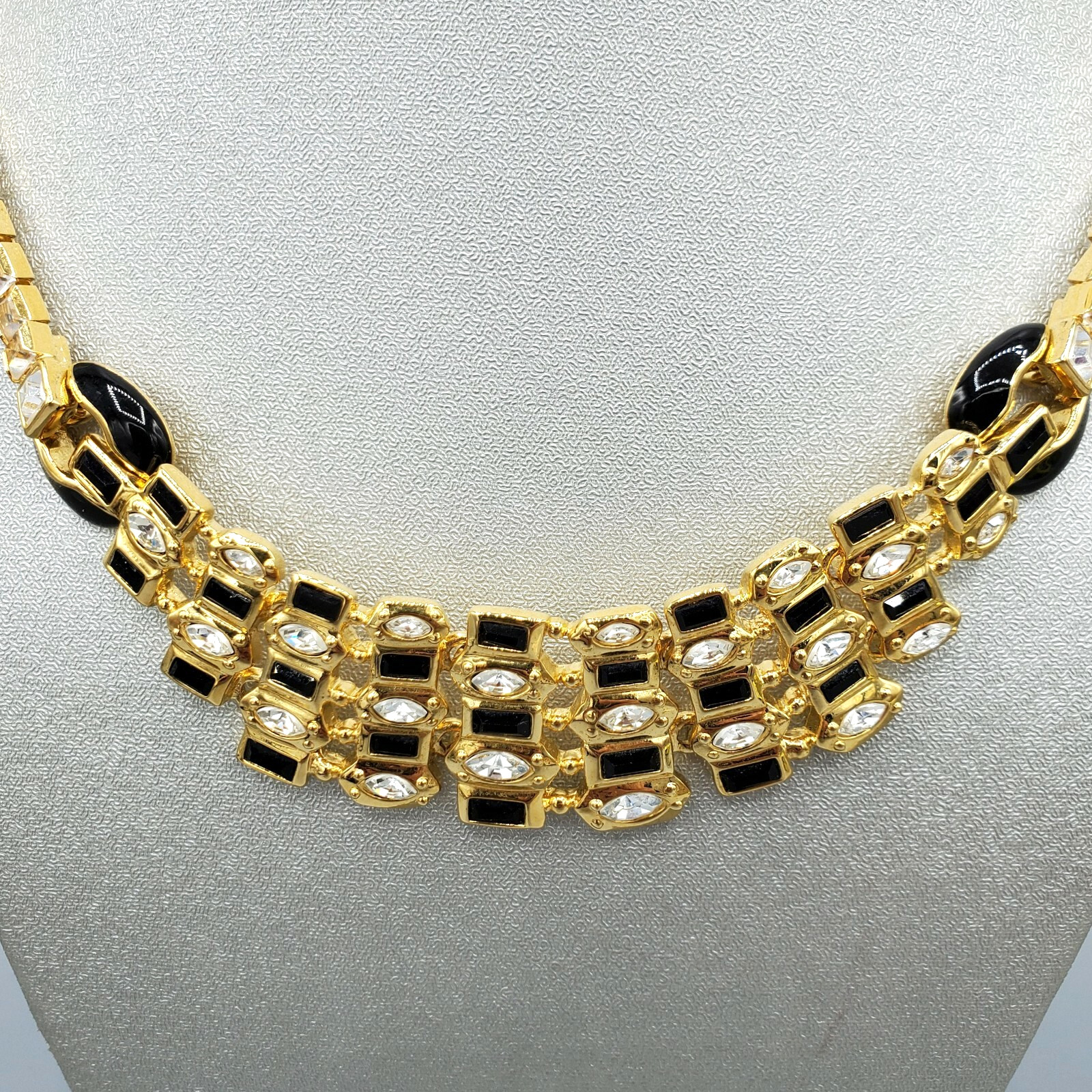 Unsigned Designer Marquise Square Crystal Black Enamel Layered Link Necklace 18″