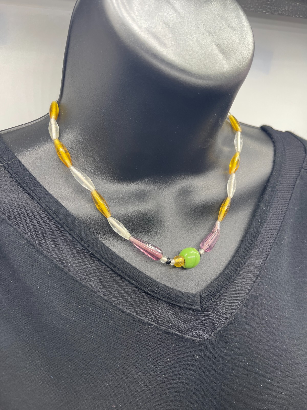 Yellow White Purple Cylinder Bead Necklace 17″ Nylon with 8″ Drop Green Accent