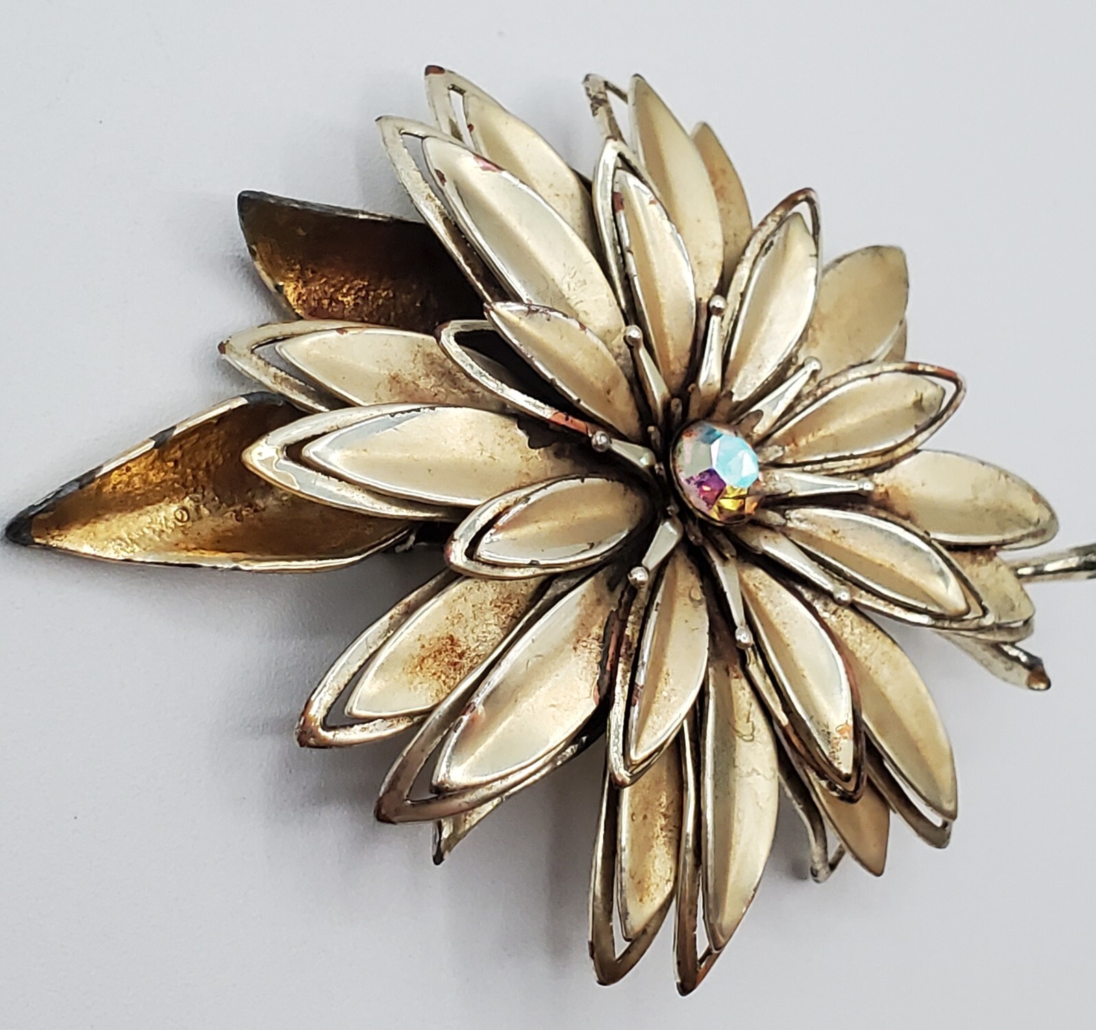 VTG Brooch 3.5in Large Gold Tone Flower Aurora Borealis 3D Layered REPAIRED READ