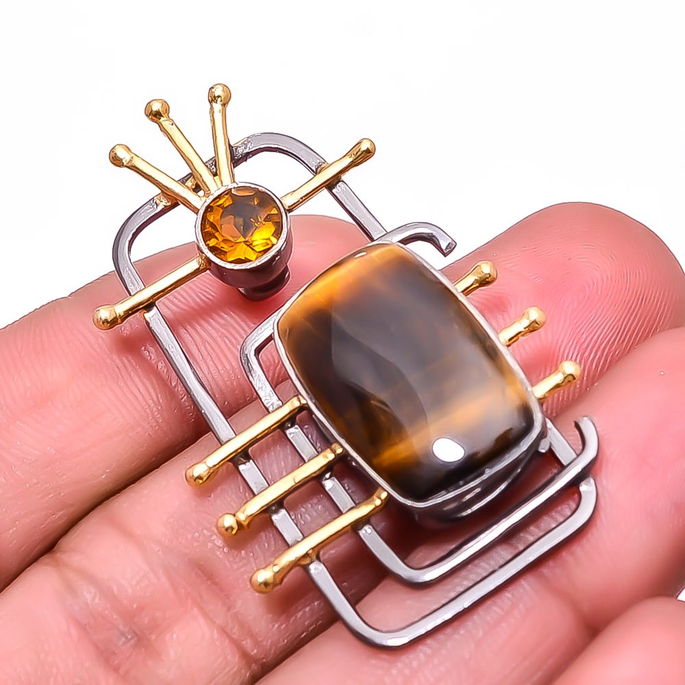 Yellow Tiger Eye, Citrine Black And Gold Plated 925 Silver Pendant 1.56″ P84007