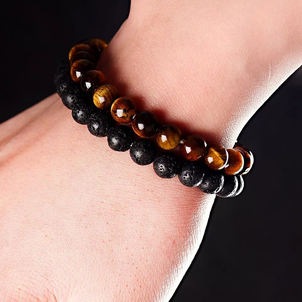 2PCS Men Classic Lava Rock Tiger Eye Gem Stone Beaded Healing Bracelet Boyfriend