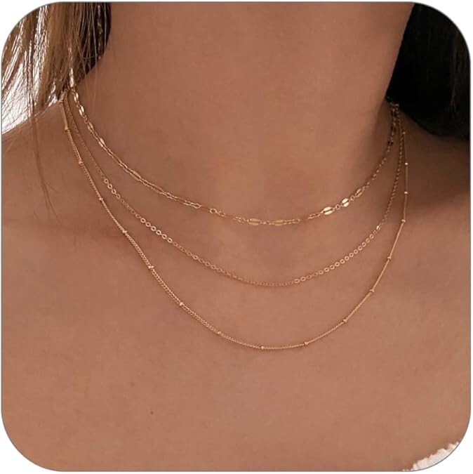 Gold Thin Chain Layered Necklaces for Women Non Tarnish,18K Gold Plated Stainles