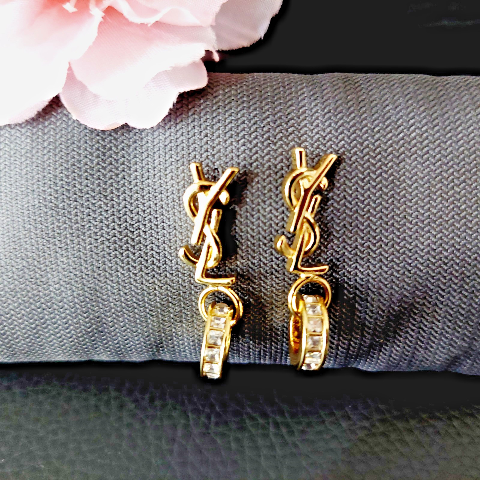 Auth. YVES SAINT LAURENT YSL LOGO Stud CRYSTAL Ring Drop EARRINGS Gold Tone