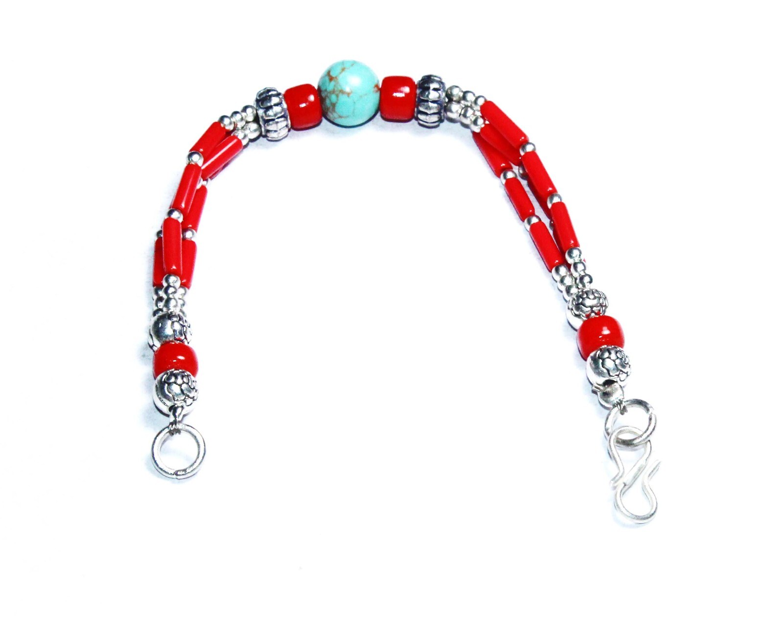 Turquoise Red Coral Gemstone Handmade Nepali Bracelet Size 7.8 Inches
