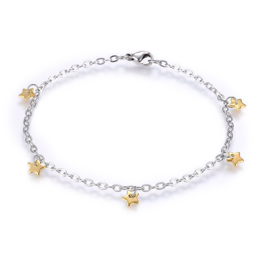 Stainless Steel Charm Bracelet Lobster Star Gold Silver Color 7.8″ 2.5mm  A71