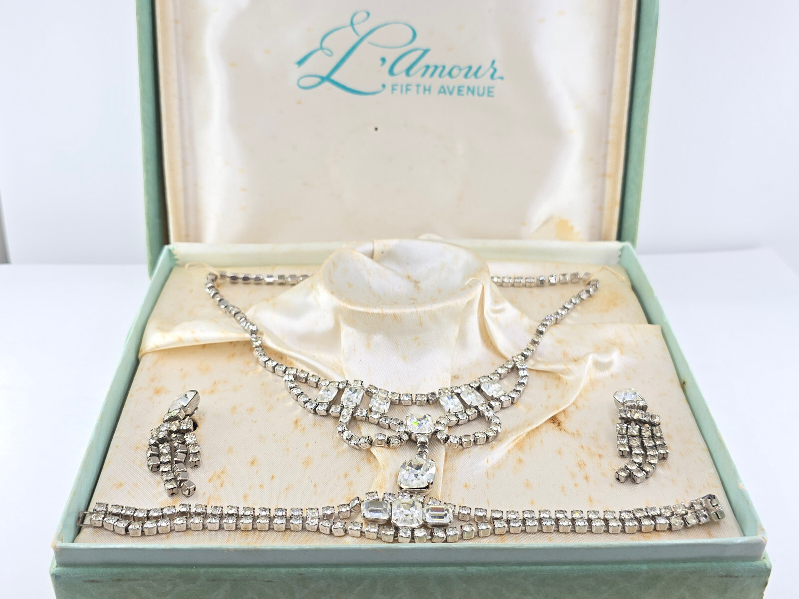 VTG 1950’s L’AMOUR FIFTH AVE. RHINESTONE CRYSTAL DEMI PARURE 3 pcs JEWELRY SET