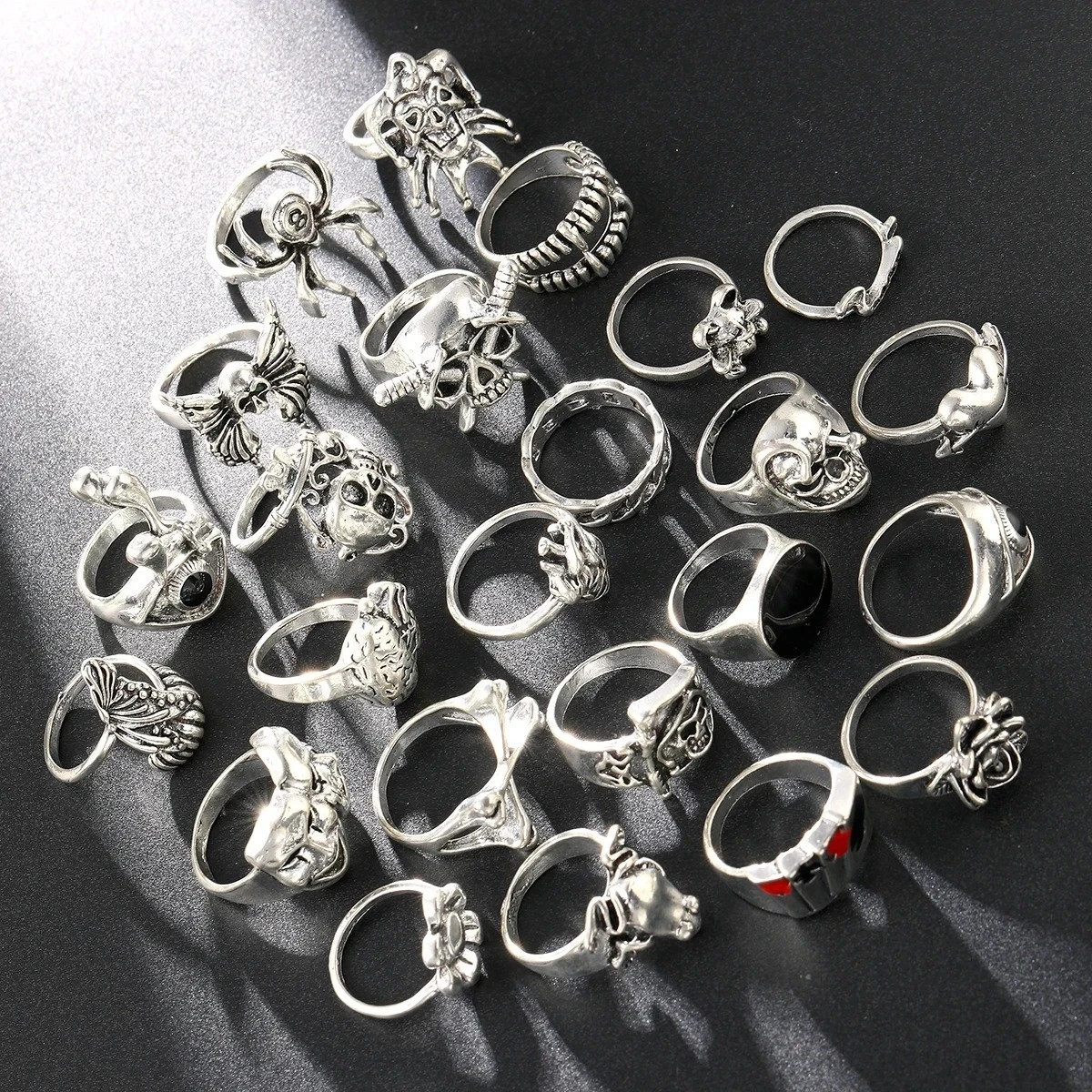 24pcs Gothic Skeleton Ring Set Punk Grunge Unisex Street Jewelry Gift – NEW