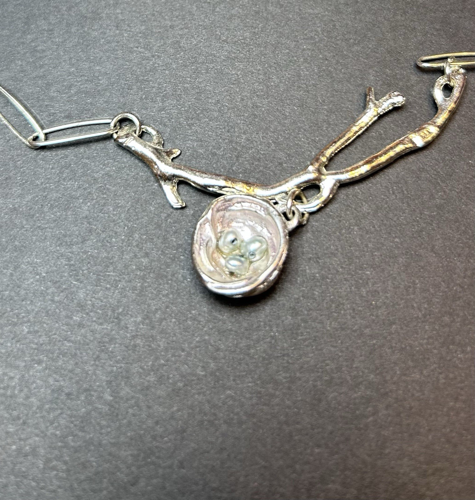 Alise Sheehan Signed Silver-look Paperclip Chain Necklace Bird Nest Pendant