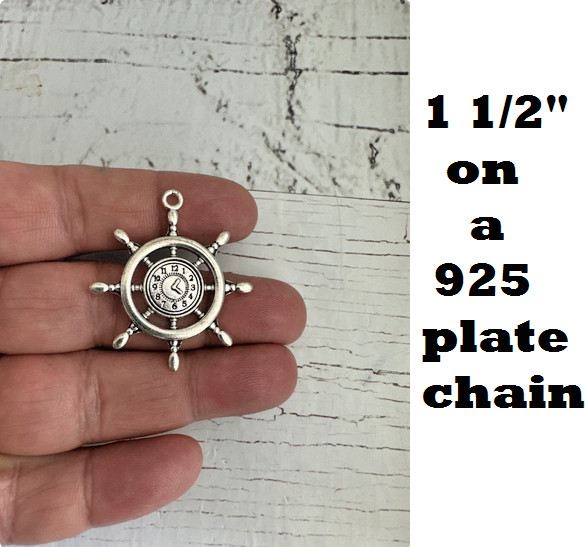 Large WHEEL RUDDER SHIP CLOCK NAUTICAL Pendant 24″ 925 Sterling Silver Necklace
